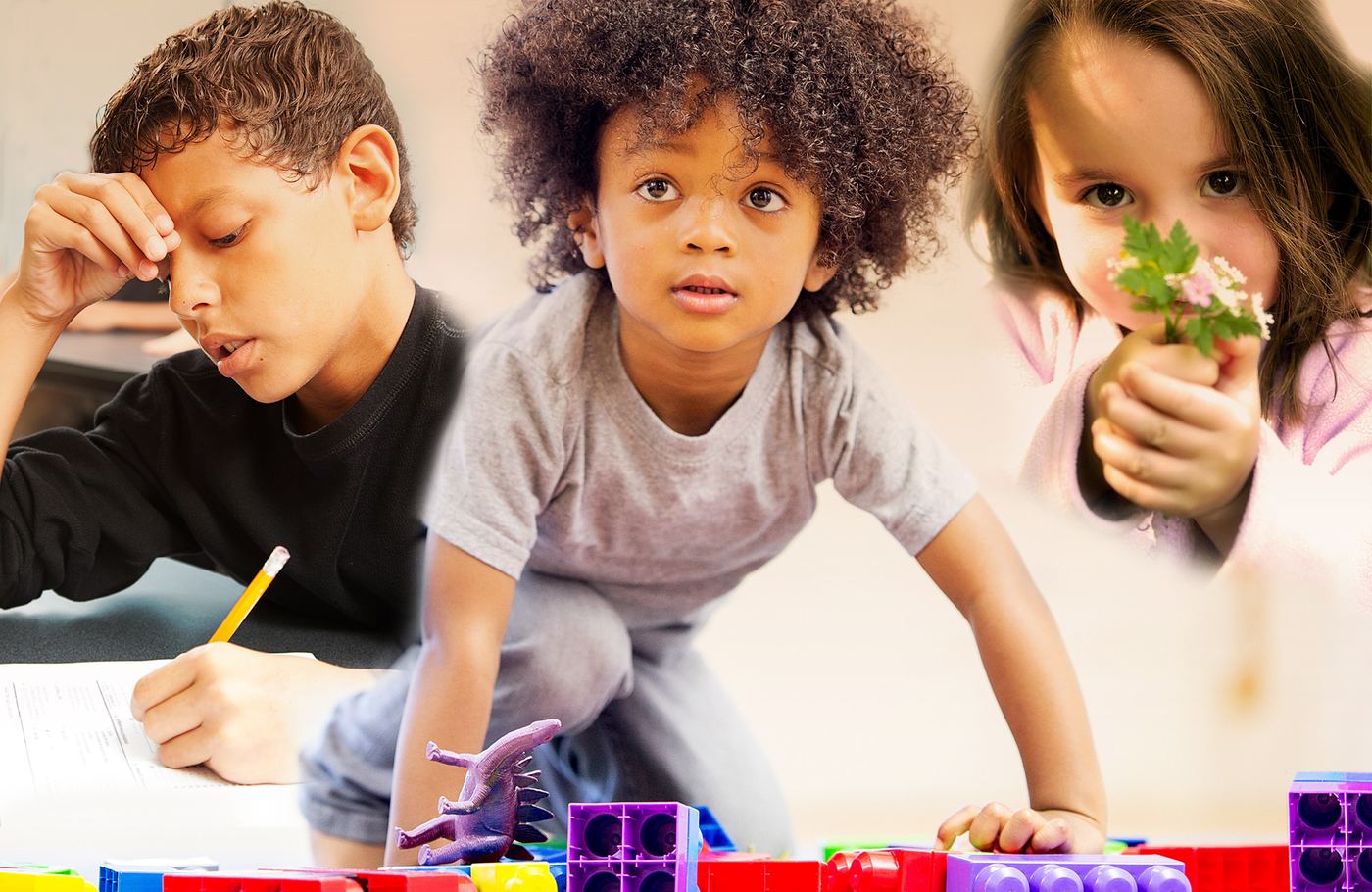 Trois enfants suivis par le CPSMN : l'un fait ses devoirs, l'un joue avec des blocs de construction, l'une tient un petit bouquet de fleurs cueillies.